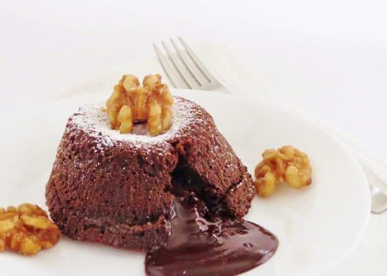 Bake-At-Home Molten Chocolate Cake (After) - Garnished with candied walnuts.  Easy and stunning!