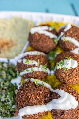 Falafel Plate ($13) comes w/ yellow rice, hummus, tabouli and pita bread