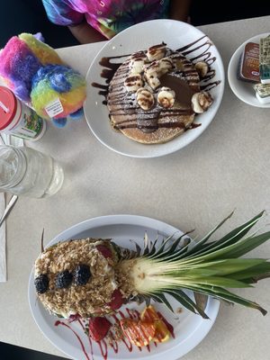 Fruit bowl, banana,  Nutella pancakes