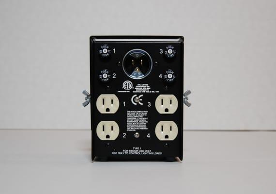 Our popular shoebox-sized, 4 channel dimmer.
 Rugged, reliable, and built in the USA.