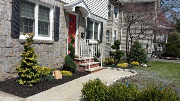 Landscape Design using Topiaries, pavers, & belgian block, Englewood, NJ