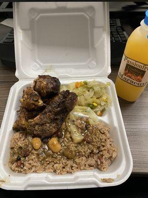 Jerk Chicken with rice and peas and Passion fruit juice