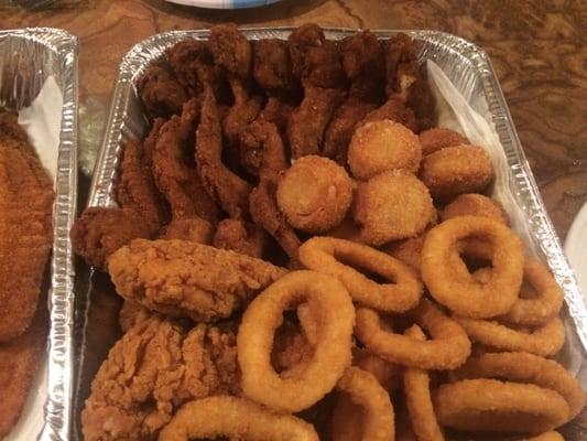 Fried Chicken Wings, Onion Rings, Fried Scallops and Chicken Tenders.  DANG, ordered way too much food.