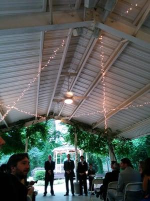 Inside the roof of the pavilion. 6pm Aug 2.. Still light out but the lights sparkled so pretty.