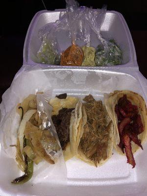 From Left to Right: Barbacoa, Carnitas, and Trompo Tacos