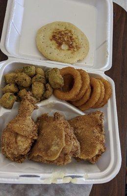 Fried chicken, onion rings, fried okra, cornbread