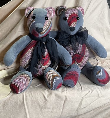 Loving aunt past away this past summer. A skirt and a pair of pants that she liked were made into two memory bears for the family.