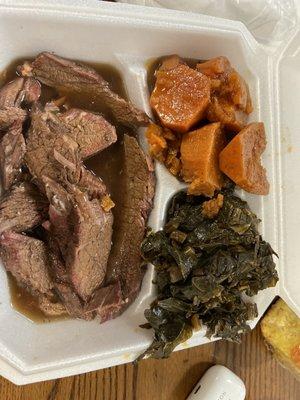 Brisket with yams and greens