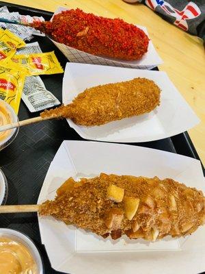 Potato corn dog, regular and of course the hot Cheetos one!