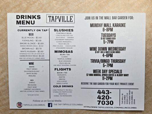 Tapville drinks menu