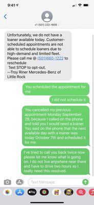 Text message from service department