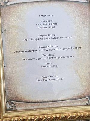 The menu Chef Paola prepared for us