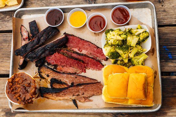 brisket, pastrami, ribs, beans w/ burnt ends, broccoli