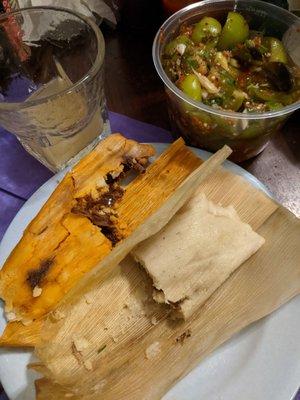 Pork Chili Verde & Beef Kochu Mole tamales, tomatillo kimchi, and yuzu honey lime margarita.