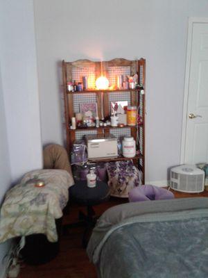 My work station, Hot towels, Hot stones, Tigers Balm, Biotone Massage lotions