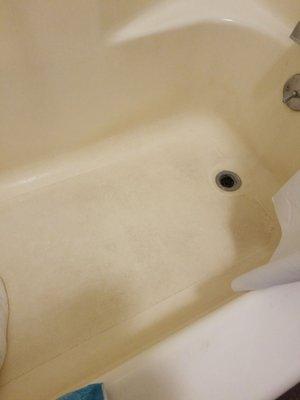 The bathtub is severely dirty and old