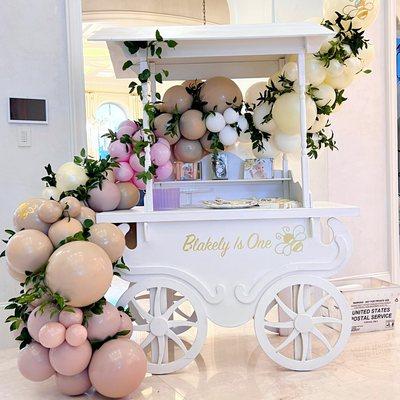 Candy Cart, balloon garland with greenery and stickers