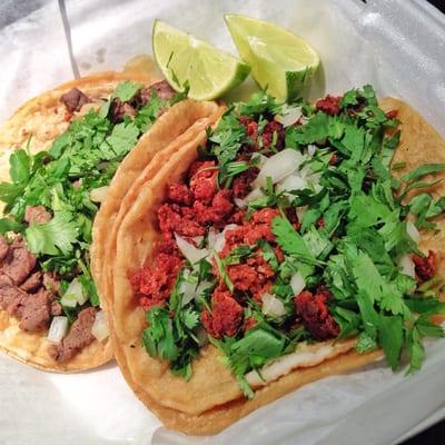 Carne asada and chorizo tacos.