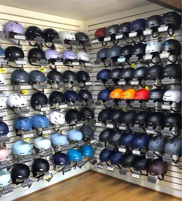 2 of the 4 wall displays of helmets available at Ski Haus Sports