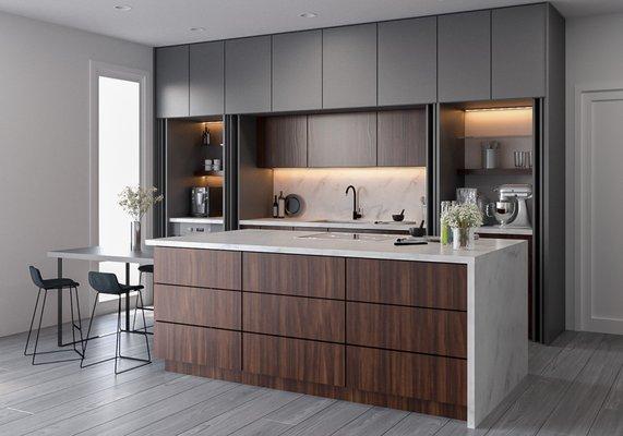 Ultra modern kitchen design with waterfall edge island