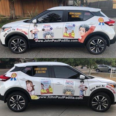 Left and right side of the car, wrapped by the children's author images to advertise his books!