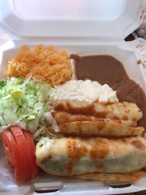 Chimichangas asada with beans and rice