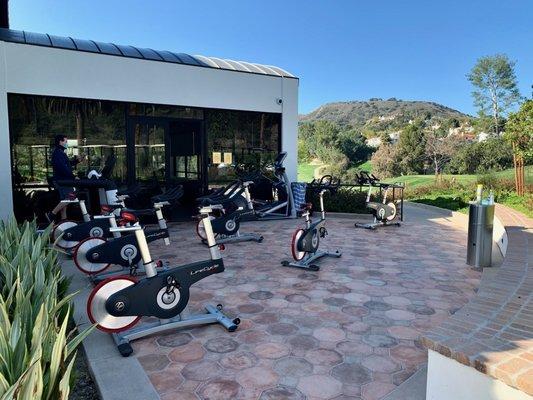 Spin classes are held on the patio