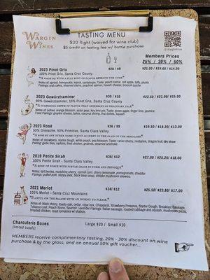 Wine tasting menu