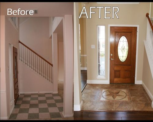 Remodel. Installed new flooring(tile and wood laminate), baseboards installed