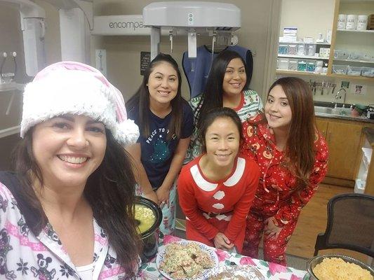 Christmas lunch, pajama party at Gonzales Dental Care!! Thank you Dr. Leanna, Veronica, Larissa and Alejandra for all you do!!