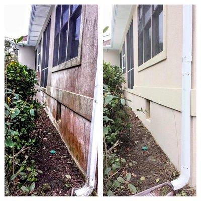 Soft washing mold and mildew from a stucco siding home in Hampton Hall neighborhood community. Clean Coastal Living of Bluffton