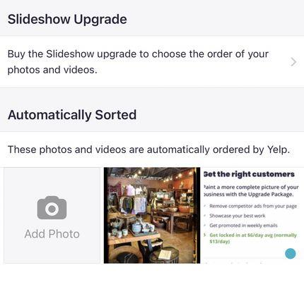 Yelp makes you pay to change the order of your photos.