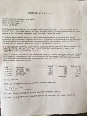 Even after we paid the rent and amount deducted , why is there an eviction notice ?? This is the 3rd time in 2 months . Unacceptable!!