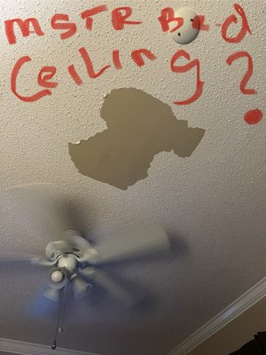 Mstr ceiling paint peeling & ceiling fan moved to the foot of the bed:(