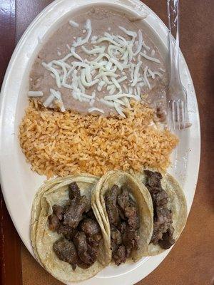 3 asada tacos with arroz y frijoles