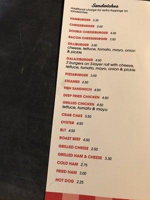 Menu with pricing as of 12/27/2021