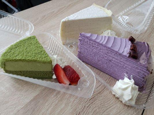 Matcha cheesecake, vanilla crepe cake and purple yam crepe cake - delicious~