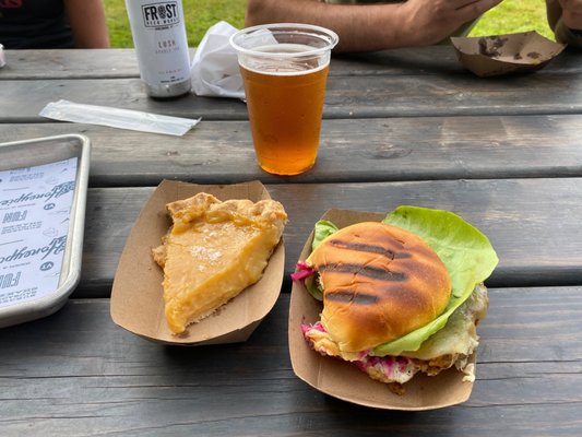 Veggie burger, honey pie and strawberry rhubarb pie.