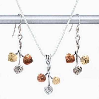 Three Leaf Aspen Set in Sterling Silver, Copper, and 18K Gold