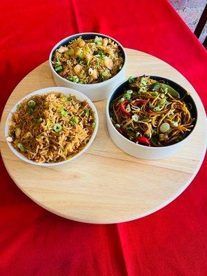 From their new Desi Chinese menu! Shrimp Fried Rice / Hakka Vegetable Noodles / Vegetable Fried Rice