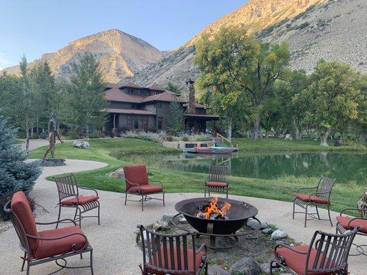 Fire pit with main lodge in background. They served us appetizers out here!