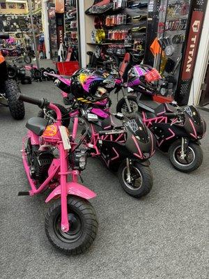 Pink pocket bikes and mini bikes