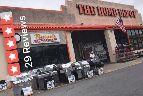 100sq ft in Home Depot- Killer Cheesesteaks. Hint: use the grills as tables