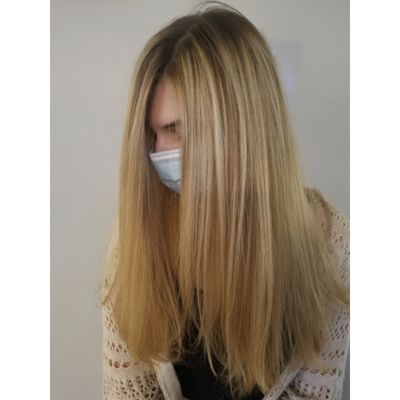 Another view of my blonde balayage. Look at her root area, how nicely her color will grow out!