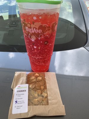 Big red cream soda for $1 and hot white cho macadamia cookie to go with it