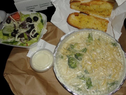 Broccoli Alfredo Dinner with garden salad and garlic bread