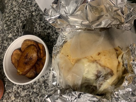 Plaintains, bean and cheese pupusa