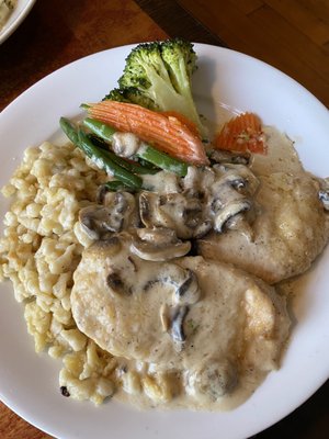 Chicken Elizabeth with spaetzle.