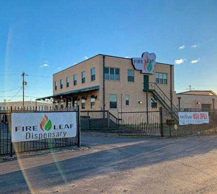 Exterior view of the Fire Leaf dispensary in the Stockyard