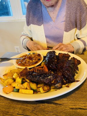 How about those ribs! Lots of potatoes and a delicious bean side dish.